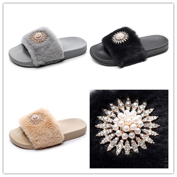 

slippers fashion casual womens ladies slip on slides home house fluffy faux fur flat indoor slipper flip flop sandal solid shoes, Black