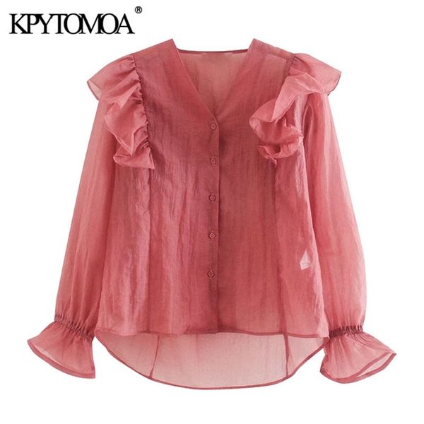 

women fashion see through ruffled blouses v neck long sleeve female shirts blusas chic 210420, White