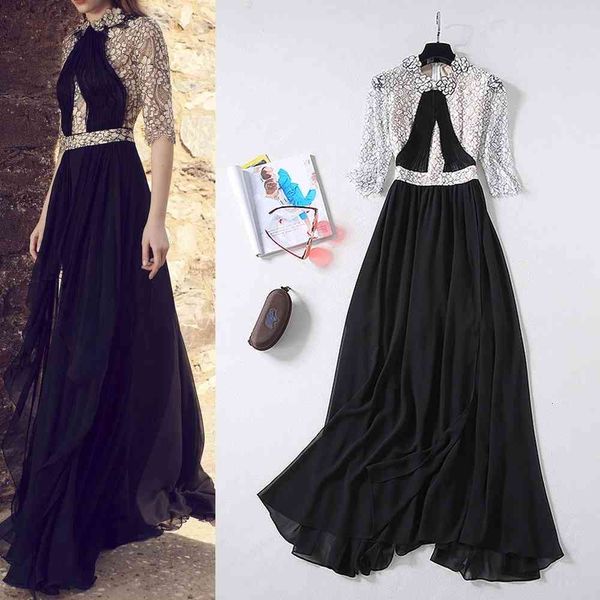 

runway dresses spring european and american catwalk models high-quality three-dimensional flower lace stitching pleated dress vk8i, Black