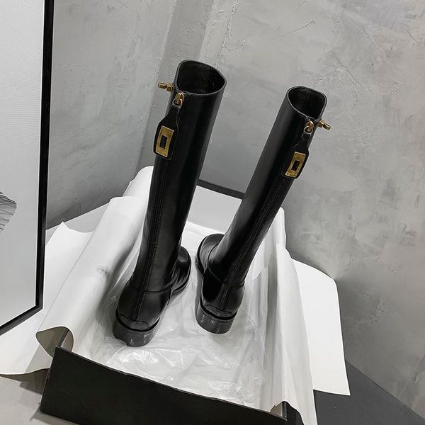 

boots gold buckle decor knee-high real leather women female high winter long luxury design back zipper, Black