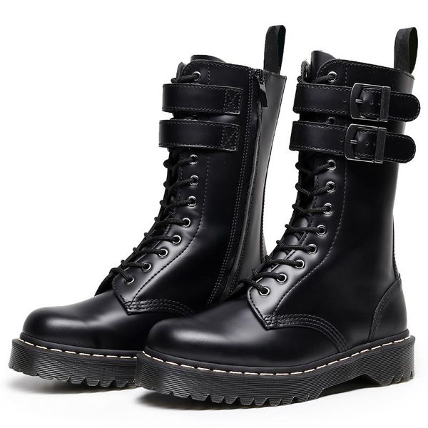 

boots women platform leather high female shoes punk buckle long boot woman lace up booties black gothic mid tube