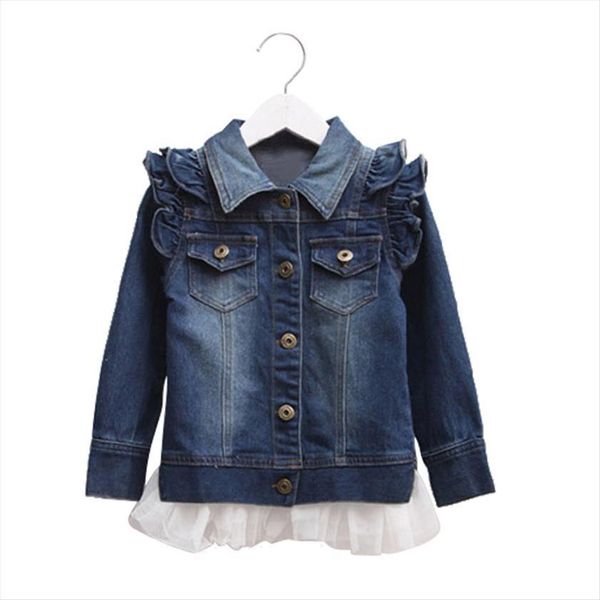 

3 12 years baby girls denim jackets coats fashion children outwear coat patchwork in lace and demin kids jacket clothing, Blue;gray