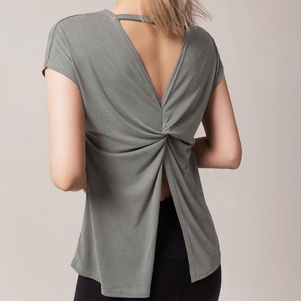 

women's backless short sleeve yoga crop tank open back knot running gym t shirt strappy athletic tanks sport outfit