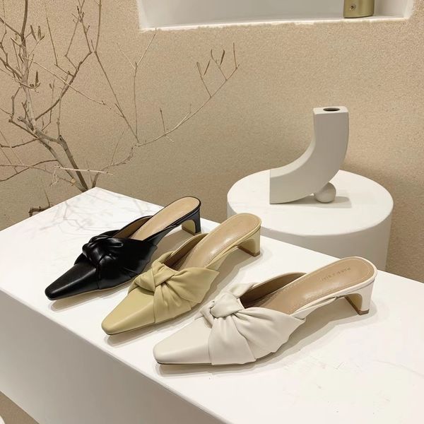 

slippers casual women shallow slip on summer thick low heels solid color bow design fashion flip flops uj9b, Black