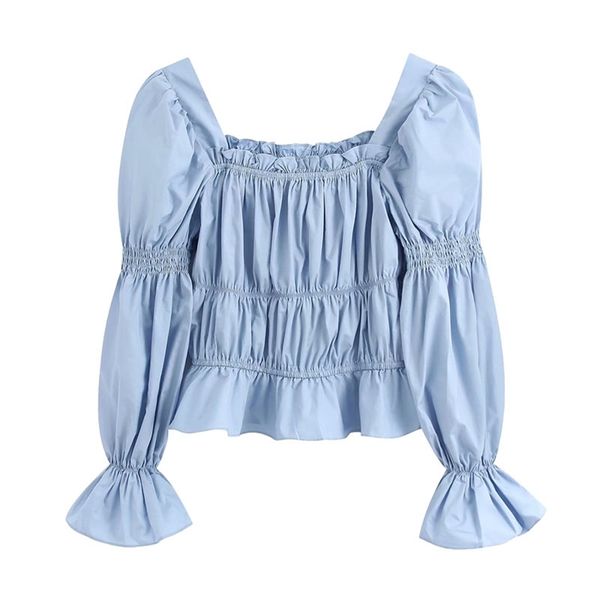 

women sweet fashion ruffled pleated blouses vintage square collar flare sleeve shirts casual girls chic 210531, White