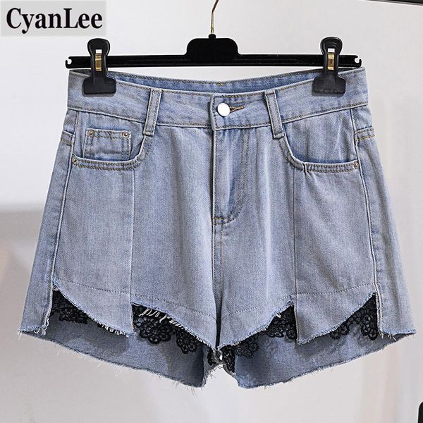 

women's jeans large size shorts black lace denim fashion brand vintage tassel high waist punk short plus, Blue