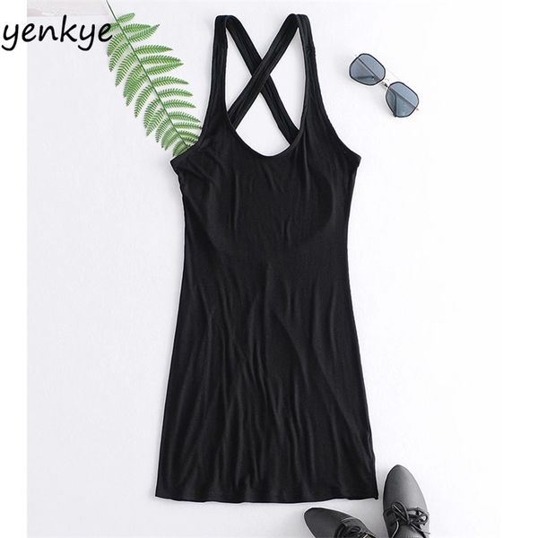 

romantic criss-cross backless elastic knit dress women halter sleeveless summer vintage black bodycon mini 210514, Black;gray