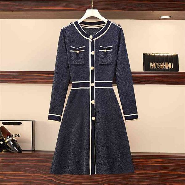 

fashion autumn winter mini korean dress women runway designer long sleeve buttons a-line casual knitted sweater 210514, Black;gray