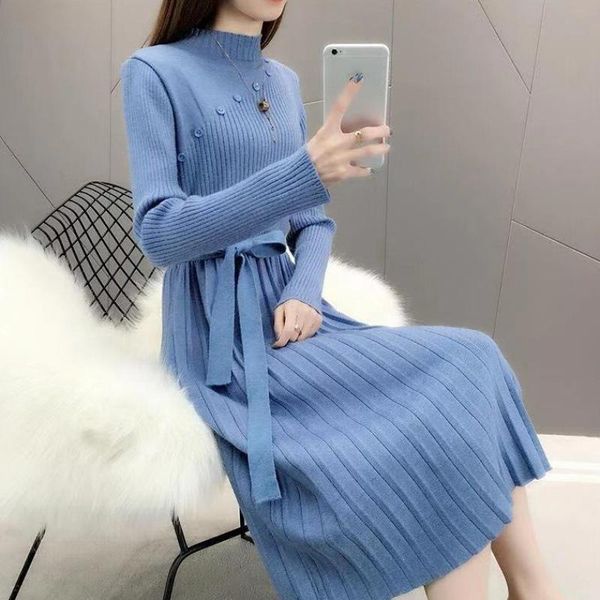 

casual dresses half turtleneck slim oversize long sleeve lace-up base sweater dress 2021 autumn winter mid-length solid color knitted, Black;gray