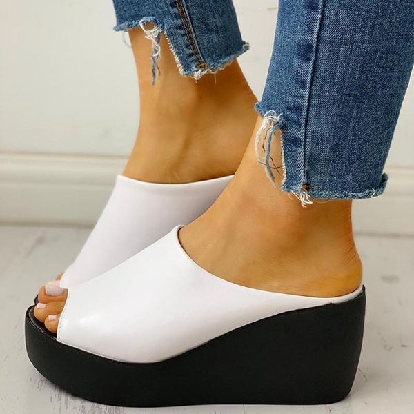 

slippers summer women slipper wedges leather slip on casual beach slides platform ladies shoes height increasing chunky zapatos de mujer, Black
