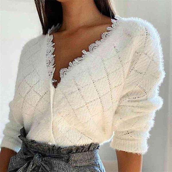 

kayotuas women sweater spring autumn lace decor button v-neck long sleeve fashion ladies casual streetwear cardigan knitwear 210522, White
