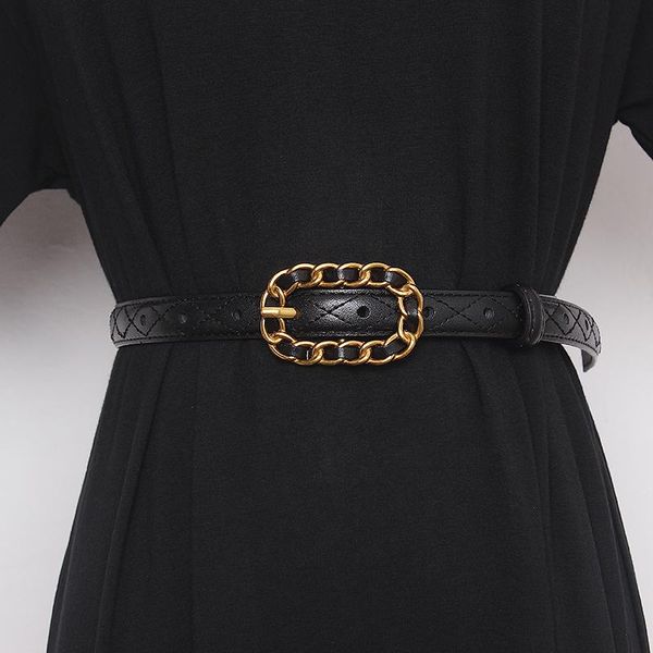 

belts genuine cowhide waist belt for women vintage chain pin buckle quilted and embossed small female jean pant dress decoration, Black;brown