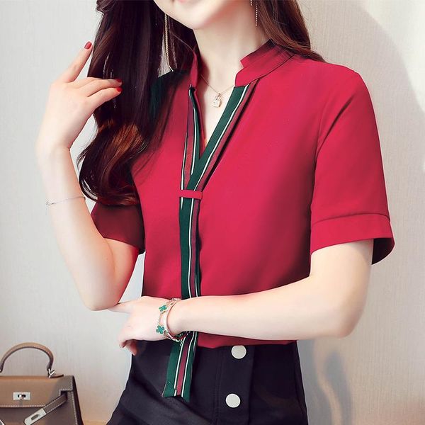 

women's blouses & shirts summer fashion chiffon necktie stand-up collar casual ladies shirt short sleeve 2021 women, White