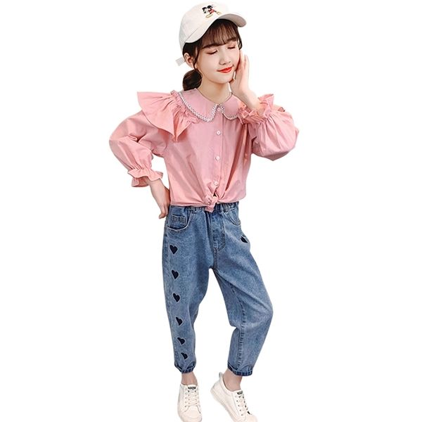 

children clothes blouse + heart jeans girls outfits for spring autumn children's clothing 6 8 10 12 14 210527, White