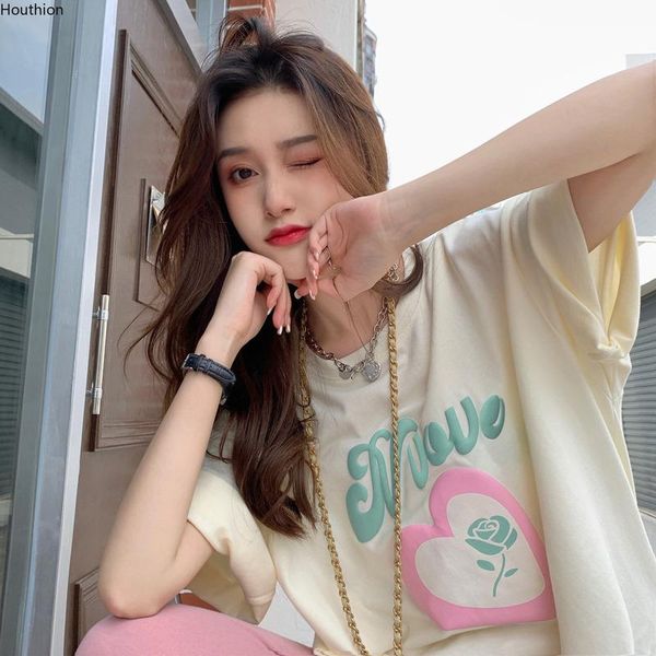 

women's t-shirt t-shirts loose oversize fashion letter print casual summer lady tshirt o-collar cotton tees houthion, White