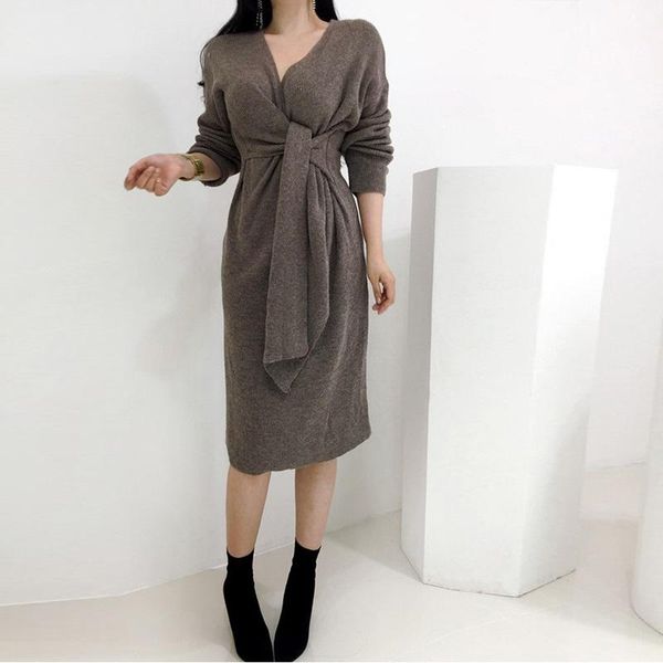 

casual dresses korean long women knitted wrap dress autumn winter elegant bandage midi v neck knitwear robe 2021 ladies clothes, Black;gray