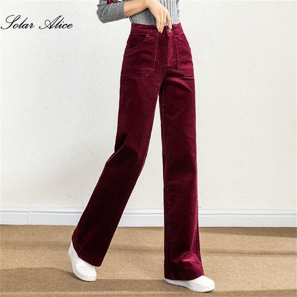 

women's fall/winter corduroy casual pants mid-waist plus size elastic waist wide-leg & capris, Black;white