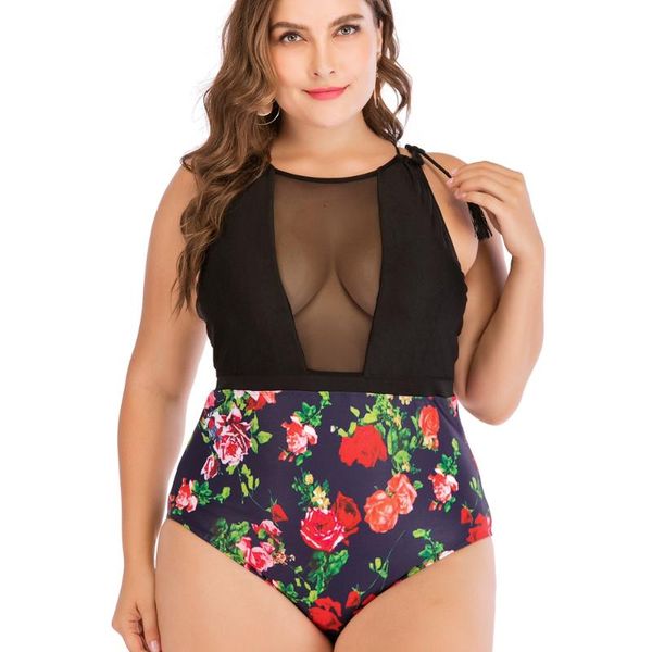 

high waist swimwear women black mesh monokini see through swimsuit floral bathing suit maillot de bain swimming one-piece suits