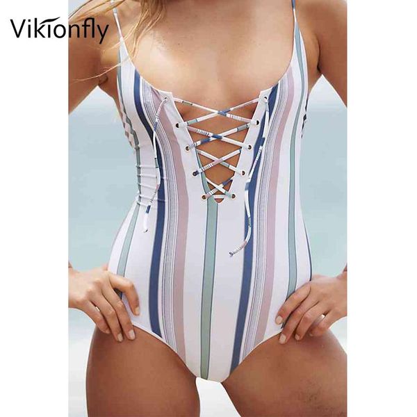 

one-piece suits vikionfly lace up one piece swimsuit women 2021 summer striped swimwear pad backless swimming suit for ladies bathing