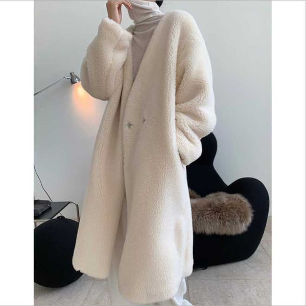 

women's wool & blends plush coat women fur lamb overcoat loose winter warm long sleeve teddy cozy female jackets outerwear, Black