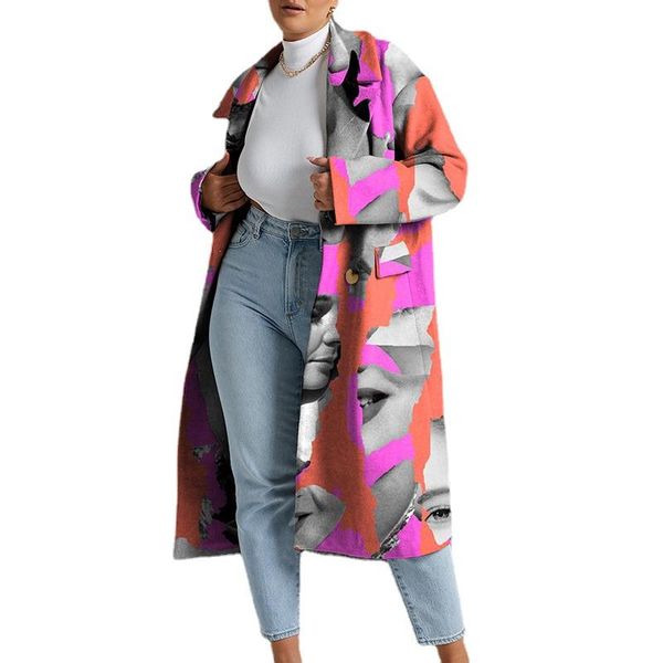 

women's wool & blends donsignet women coat 2021 fashion mid-long leaf print streetwear fall clothes for, Black