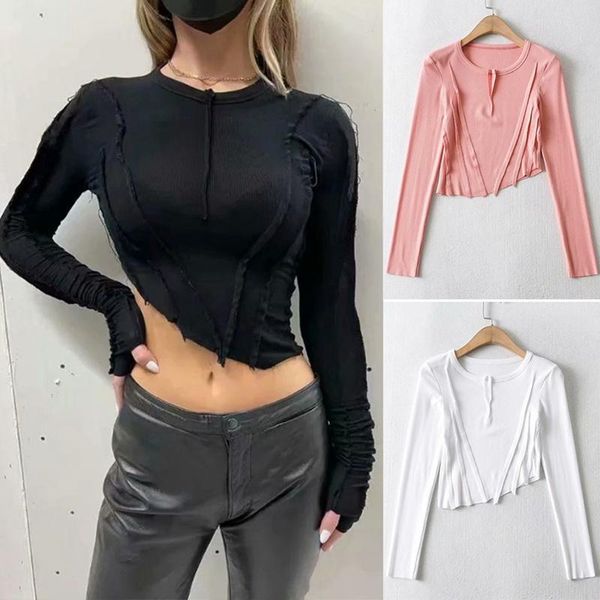 

women's irregular patchwork t-shirt long sleeve round neck slim top, White