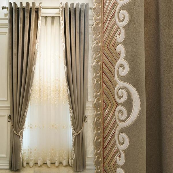 

european style living room high-end italian velvet cloth curtain mantle bedroom luxury embroidered villa pure color & drapes