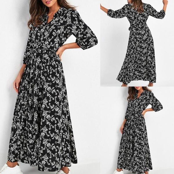 

casual dresses elegant party dress 3/4 sleeve maxi turn down collar women floral print v-neck belt sundress long dresse, Black;gray
