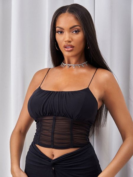 

ruched sheer mesh cami w7tw#, White