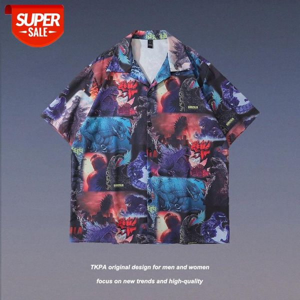 

tkpa american street hip hop godzilla print short sleeve shirt men and women national minority couple #v142, White;black