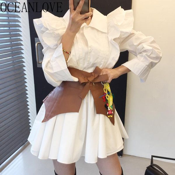 

autumn shirt dress women solid ruffles elegant party dresses puff sleeve belt vestidos pleated robes korean 18646 casual, Black;gray