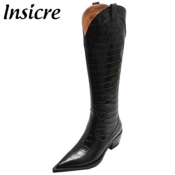 

boots insicre brown women pointed toe knee high genuine leather pu autumn fashion stone pattern square heel slip on party shoes, Black
