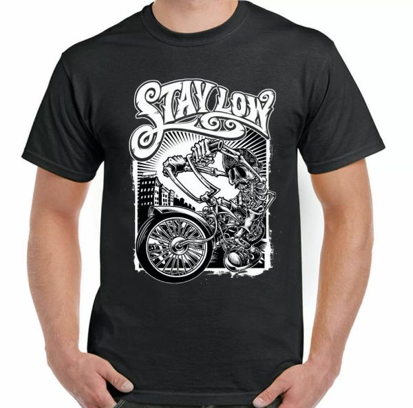 

biker stay low mens funny motorcycle bike skull indian, White;black