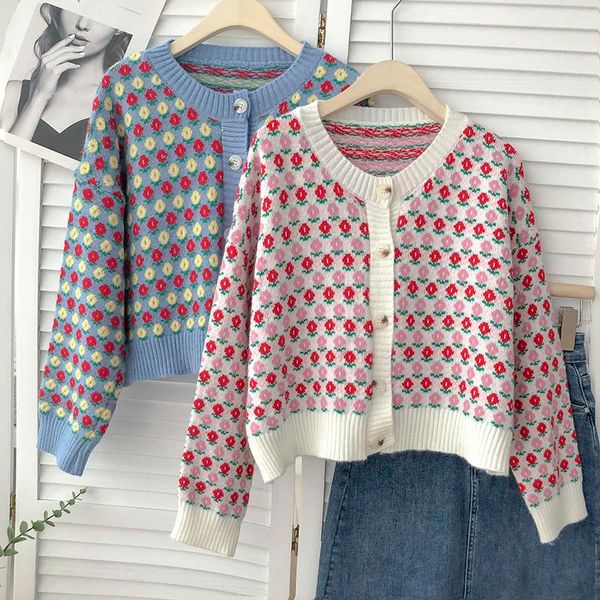 

women's knits & tees autumn sweet wild loose o neck warm soft button jacquard cardigan korean long-sleeve knitted vintage sweater jacke, White