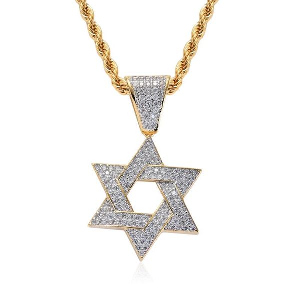 

custom hiphop jewelry men's micro pave cubic zircon star of david charm hexagon necklace iced out pendant homme necklaces, Silver
