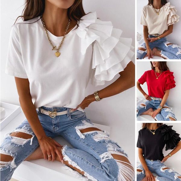 

women's t-shirt t shirt for women summer 2021 white red black solid lady girl tshirt fashion ruffles short sleeve o-neck tunic casual