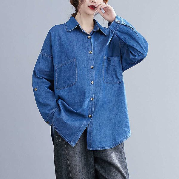 

women's blouses & shirts autumn fashion women long sleeve loose turn-down collar cotton denim double pocket casual b qchf, White