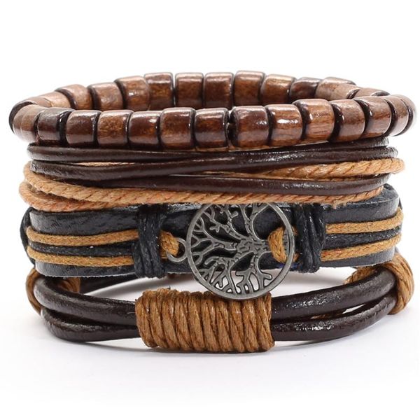 

charm bracelets khaki brown handmade tree punk 4 pcs/set multilayer wood beads leather m wom homme jewelry, Golden;silver