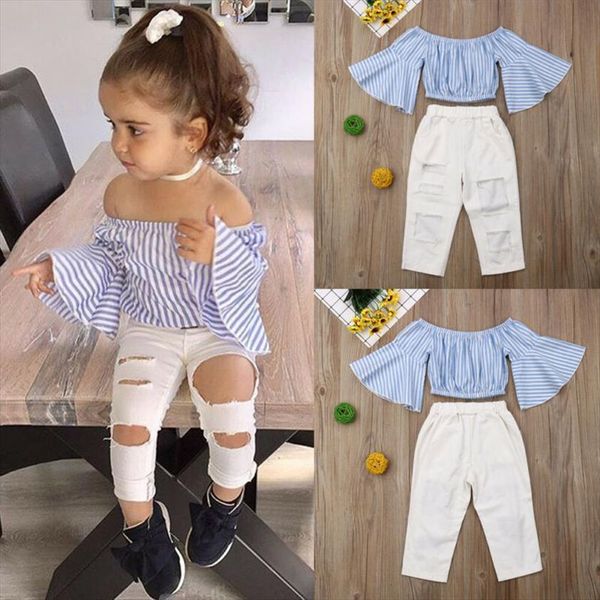 

fashion toddler baby girl kid off shoulder pants summer clothes outfits set, White