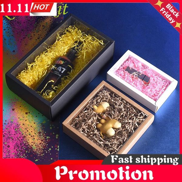 

10pcs folding kraft paper box with transparent pvc window black packaging gift wedding birthday party candy cookie cake boxe wrap