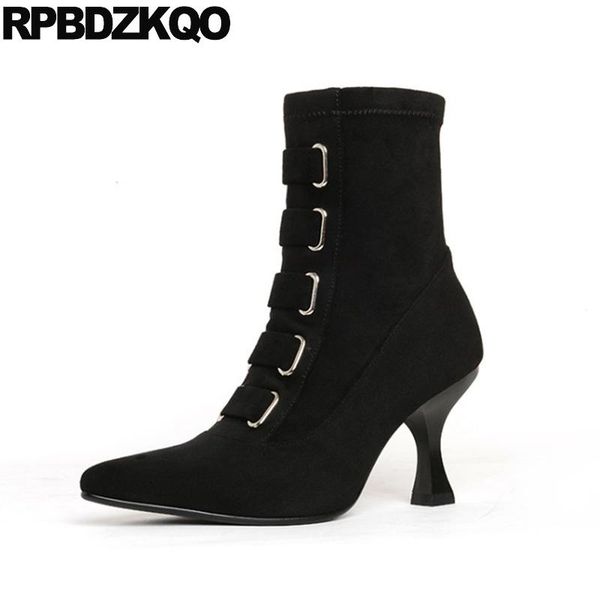 

boots ankle stiletto brand suede designer shoes women luxury 2021 autumn pointed toe winter high heel 9 genuine leather black