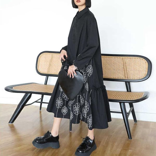 

casual dresses ieqj 2021 autumn winter cotton shirt turn-down collar full sleeves printed single breasted a-line dress female vestido wt121, Black;gray