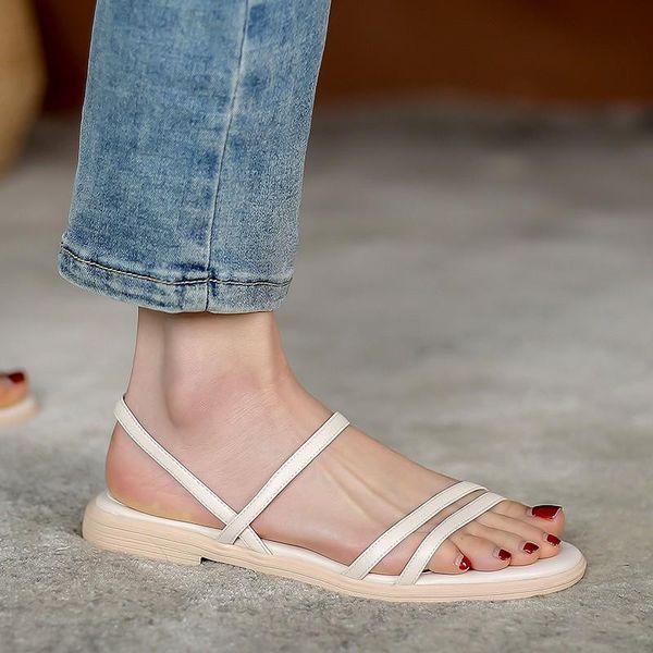 

sandals comfort shoes for women 2021 summer straps soft suit female beige all-match clear heels flat outside elastic band low b, Black