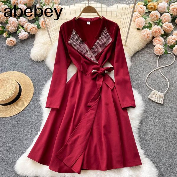 

casual dresses women elegant french dress design diamond notched collar long sleeve a-line autumn chic streetwear short, Black;gray