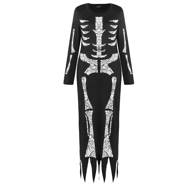 

casual dresses women halloween skeleton print long sleeve maxi dress irregular hem cosplay prop, Black;gray