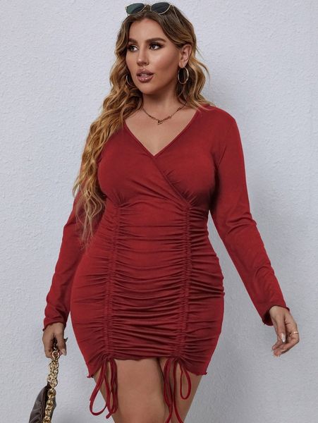 

plus solid drawstring ruched hem dress h1ym#, Black