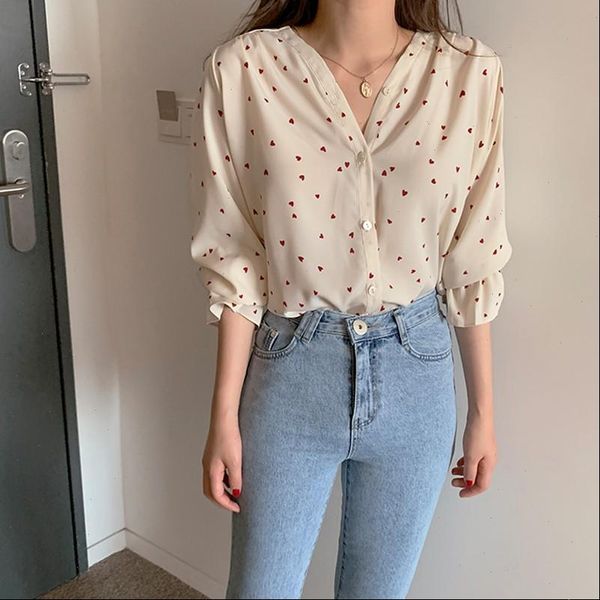 

long sleeve ruffle polka dot women blouses v neck korean style fashion love, White