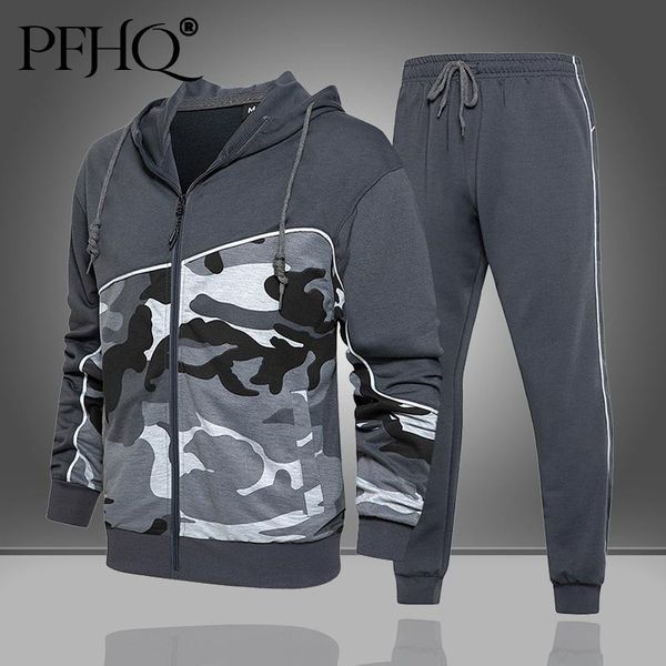 

men's tracksuits pfhq tracksuit camouflage sports jacket and pants two pieces suit 2021 men fashion long sleeve casual sportswear 21d11, Gray