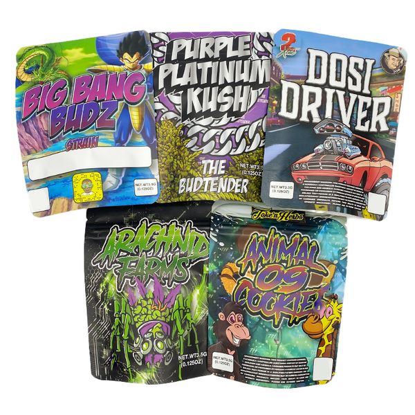 

usa stock 15 kinds empty flower 3.5g mylar bags stand up pouch smell proof zip lock packaging bag strain kush cookie