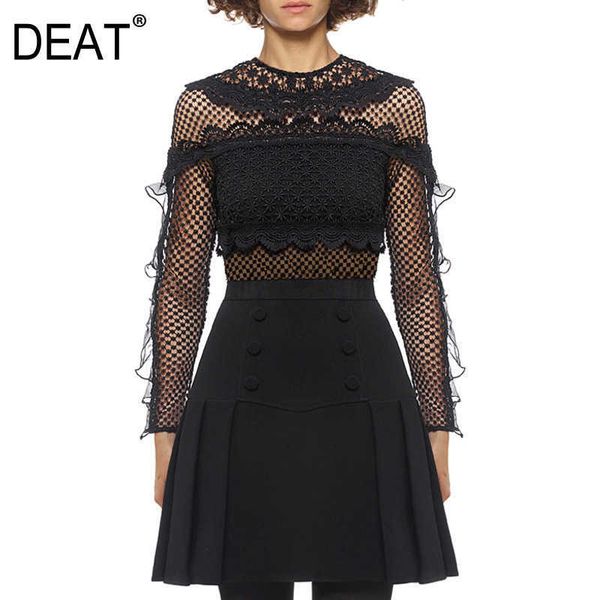 

[deat] summer fashion round neck high waist hollow out long sleeve solid color style dress women 13d019 210527, Black;gray